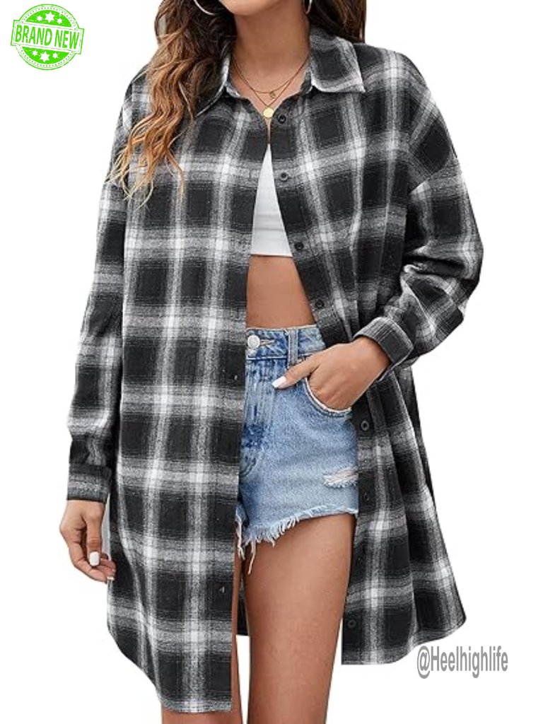 Oversized Button Down Long Sleeve Flannel Plaid Jacket Shacket